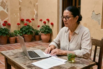 Femme négociant un contrat de location villa Essaouira longue durée dans un patio marocain traditionnel