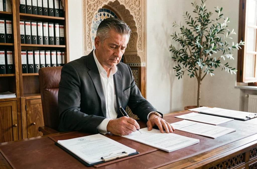 Notaire signant un acte de vente immobilière dans un bureau à Marrakech avec documents officiels sur une table en bois