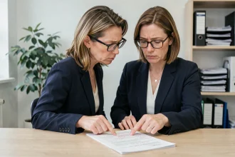 Notaire femme examinant un pré-état daté avec annotations en rouge dans un bureau immobilier professionnel