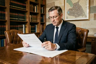 Notaire en costume marine révisant les statuts d'une SCI dans un bureau juridique classique avec bibliothèque de droit