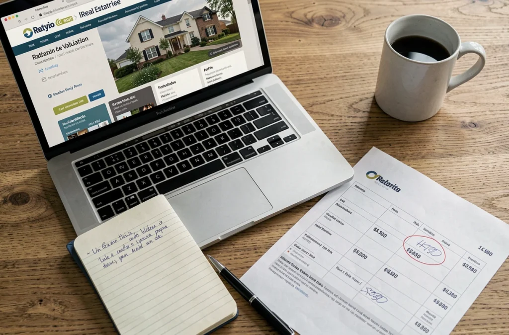 Ordinateur affichant un outil d'estimation immobilière en ligne avec notes manuscrites sur un bureau