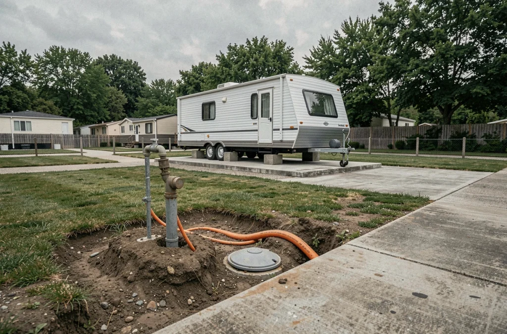 Vue d'ensemble d'une parcelle viabilisée en lotissement avec mobil-home, raccordements eau, électricité et assainissement visibles