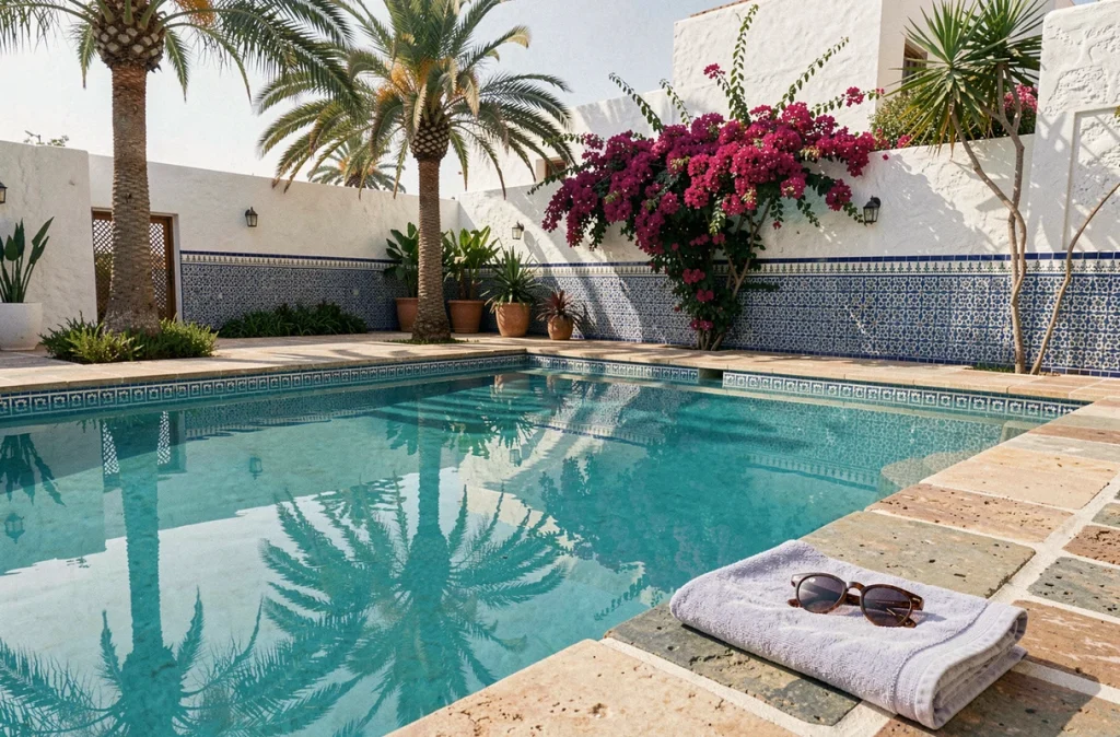 Piscine privée d'une villa à Essaouira avec jardin marocain, idéale pour une location longue durée avec budget maîtrisé