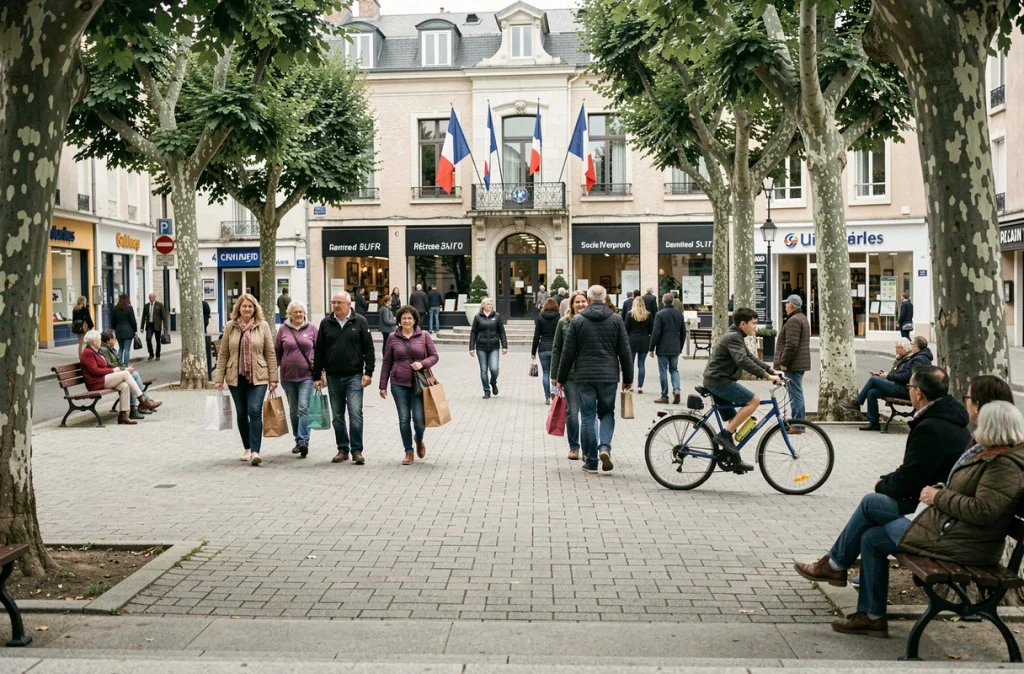 Place publique animée d'une ville de banlieue française avec des habitants de tous âges, illustrant la vie communautaire normale dans un quartier