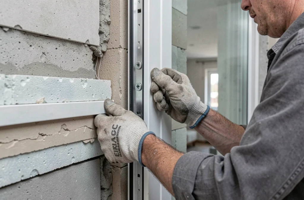 Technicien posant un double vitrage dans un mur isolé lors de la rénovation thermique d'un appartement en immeuble collectif