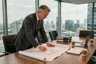 Promoteur immobilier examinant des plans architecturaux dans une salle de réunion moderne en 2026