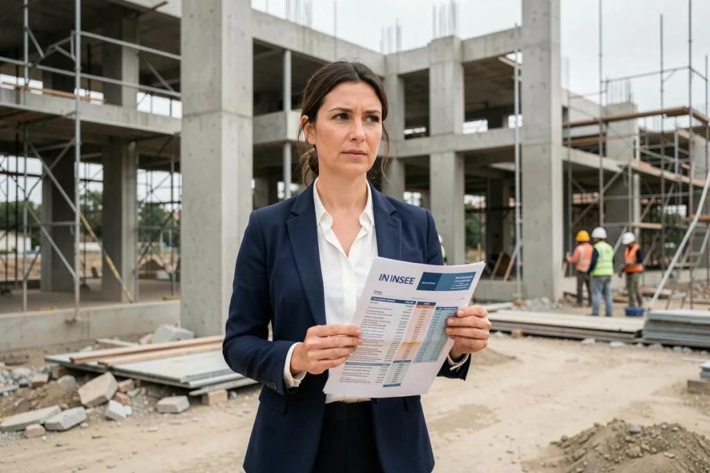 Promotrice immobilière consultant un rapport INSEE ICC sur un chantier de construction en cours