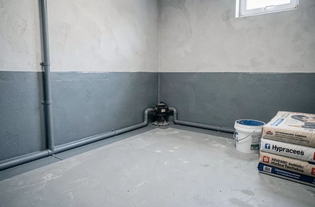 Cave rénovée avec membrane d'étanchéité et système de drainage pour lutter contre l'humidité