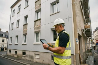 Ingénieur en bâtiment inspectant l'isolation thermique extérieure d'un immeuble collectif en cours de rénovation énergétique