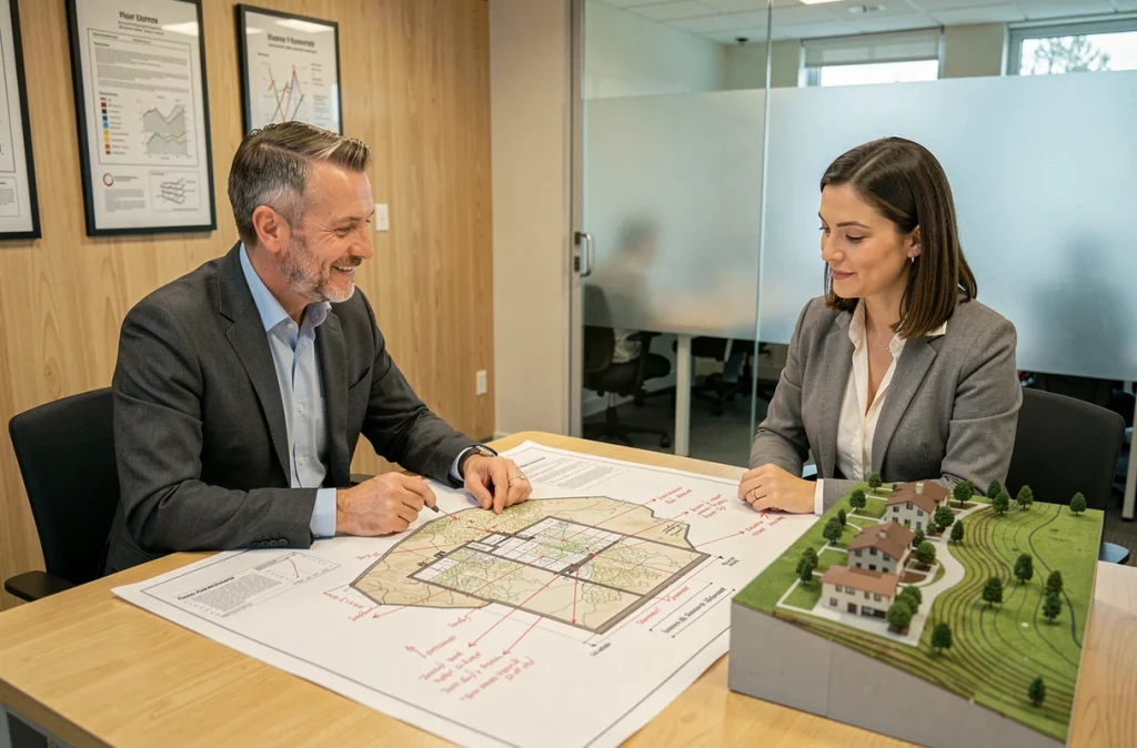 Deux architectes conseils examinant un plan de coupe terrain pour projet de maison individuelle en réunion