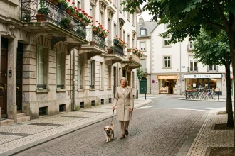 Rue calme du quartier Île Verte à Grenoble avec immeubles anciens et femme promenant son chien sur le trottoir