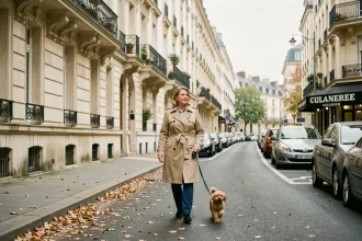 Rue résidentielle calme de Conflans-Sainte-Honorine avec une femme promenant son chien, illustrant la vie de quartier ordinaire
