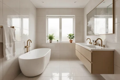 Salle de bain rénovée avec baignoire îlot, carrelage blanc et robinetterie dorée dans un appartement moderne