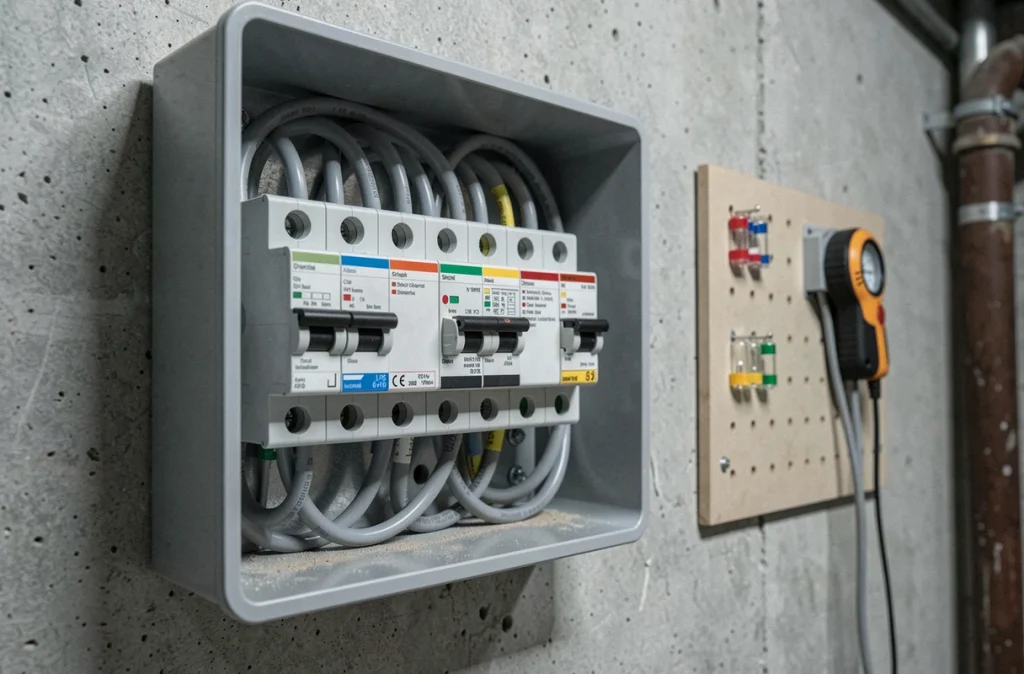 Tableau électrique résidentiel moderne avec disjoncteurs organisés et câblage conforme aux normes