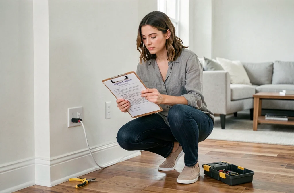 Propriétaire vérifiant la conformité des nouvelles prises électriques dans un appartement rénové