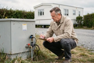 Inspecteur examinant les raccordements eau et électricité d'une parcelle avec mobil-home en zone semi-rurale