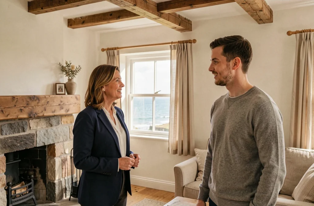 Agent immobilier présentant le salon d'une maison normande en bord de mer à un primo-accédant, avec vue sur la mer depuis la fenêtre