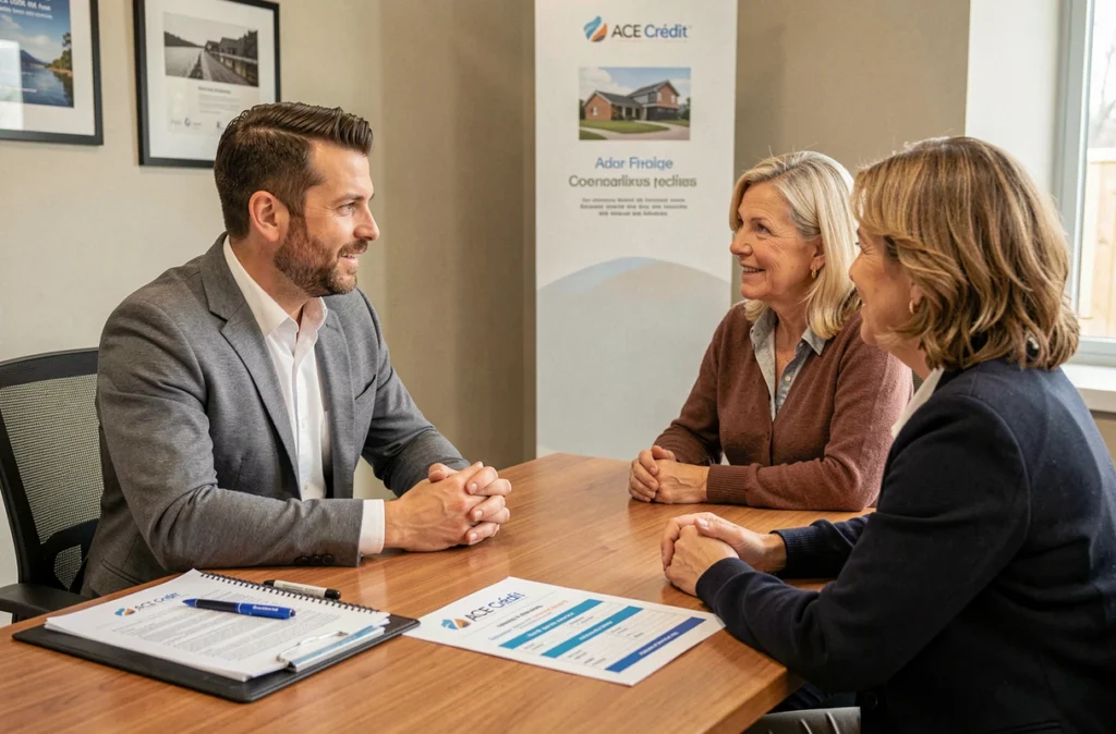 Conseiller ACE Crédit expliquant une offre de prêt immobilier à un couple dans une agence du réseau