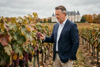 Propriétaire potentiel inspectant des vignes bordelaises en automne avec un château en arrière-plan