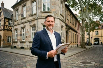 Agent immobilier devant un immeuble haussmannien à Rouen, représentant les agences de gestion locative en Seine-Maritime