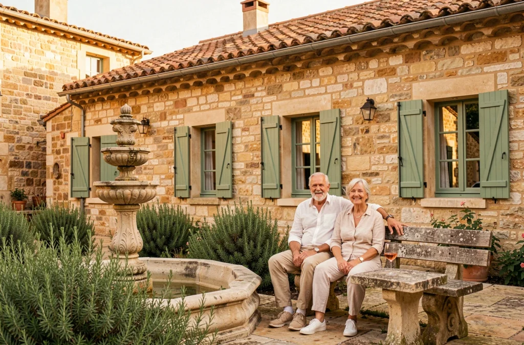 Bastide provençale avec cour intérieure et fontaine en pierre représentant les maisons traditionnelles d'Azur et Constructions