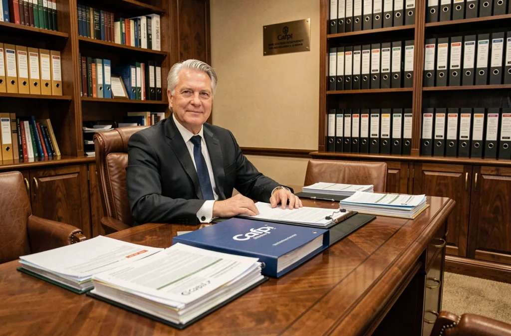 Courtier expérimenté de Cafpi dans son bureau traditionnel avec dossiers de financement immobilier