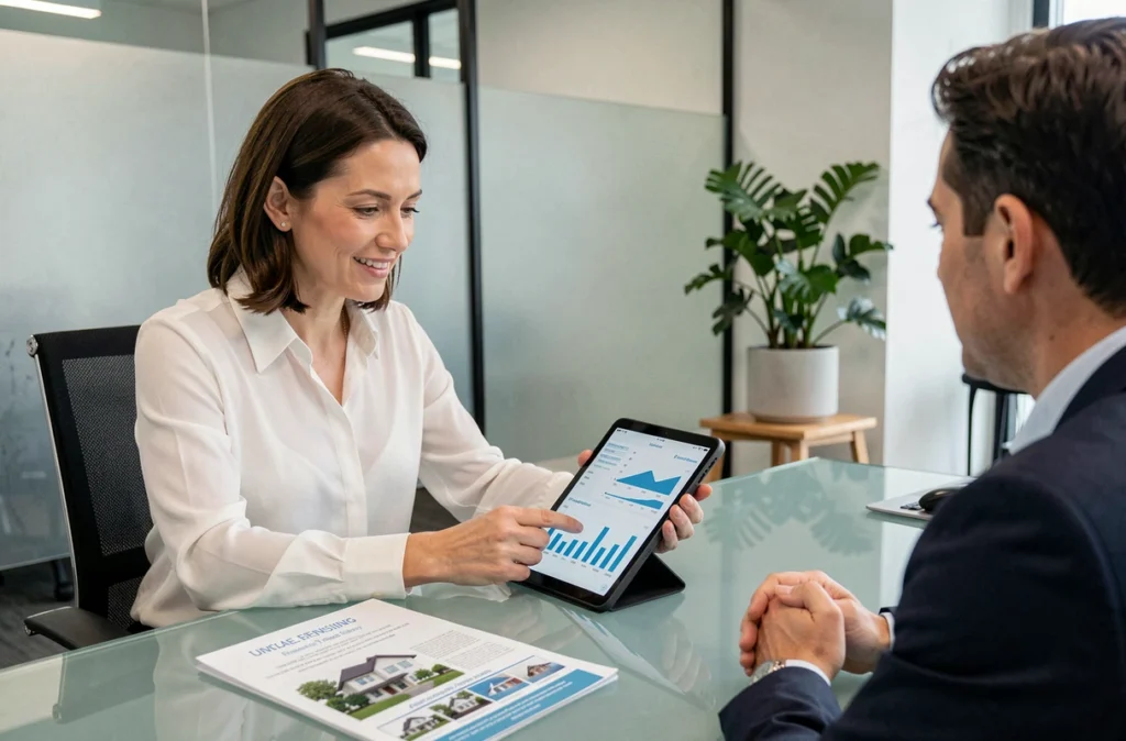 Conseillère CAPFI présentant un plan de financement immobilier sur tablette à un client en agence