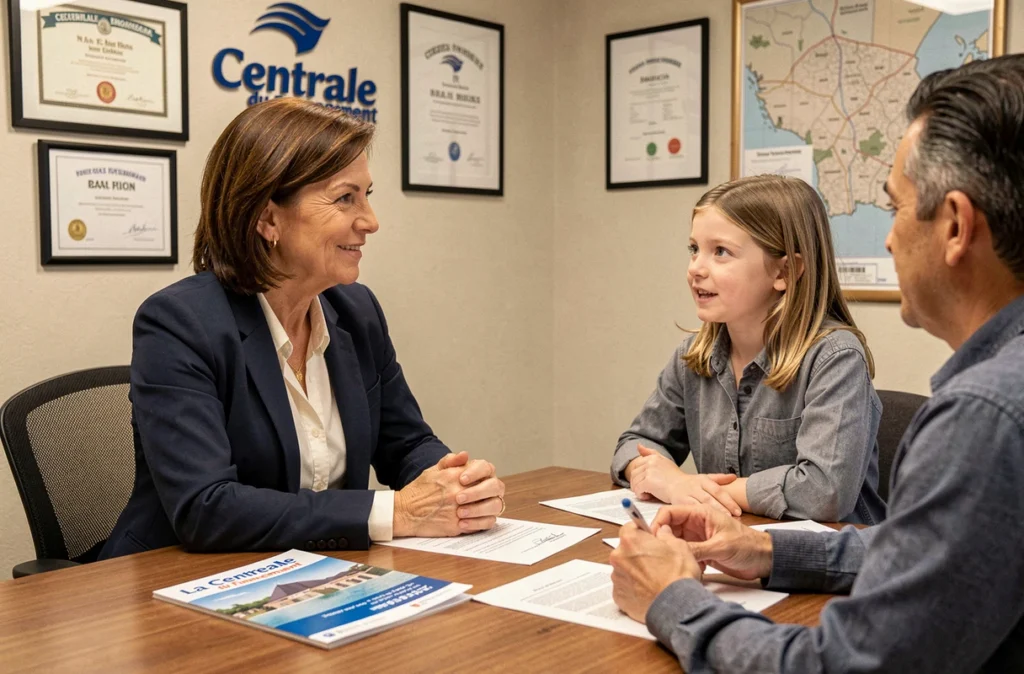 Courtière de La Centrale du Financement en consultation avec un couple dans une agence en Seine-et-Marne