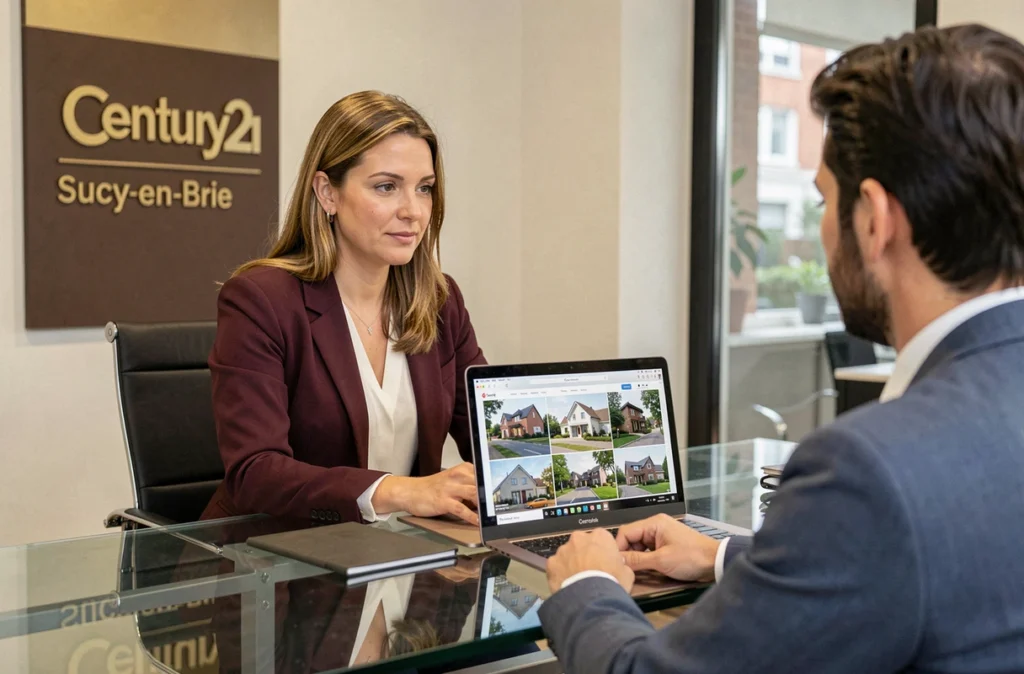 Agente Century 21 à Sucy-en-Brie présentant des annonces immobilières sur ordinateur à des clients