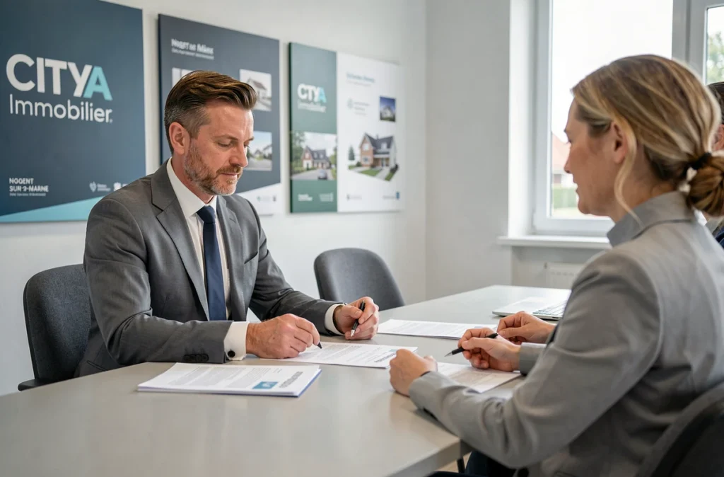 Agent de l'agence Citya Immobilier à Nogent-sur-Marne en rendez-vous avec des clients dans les bureaux