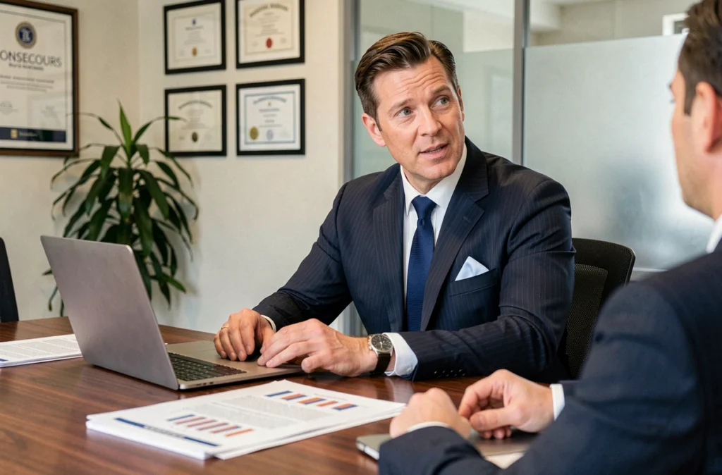 Conseiller patrimonial de Comparea Finances en réunion de conseil avec un client à Bonsecours