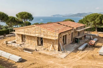 Chantier de construction d'une villa provençale dans le Var avec vue sur le paysage méditerranéen