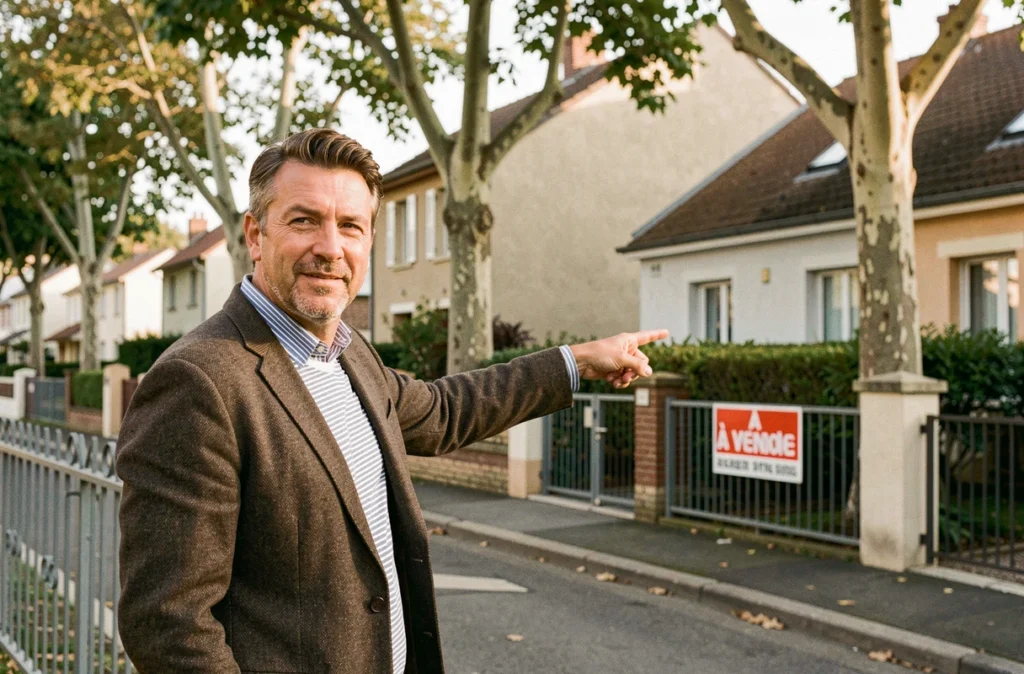 Agent Côté Particuliers devant une maison à vendre dans une rue résidentielle de Vitry-sur-Seine