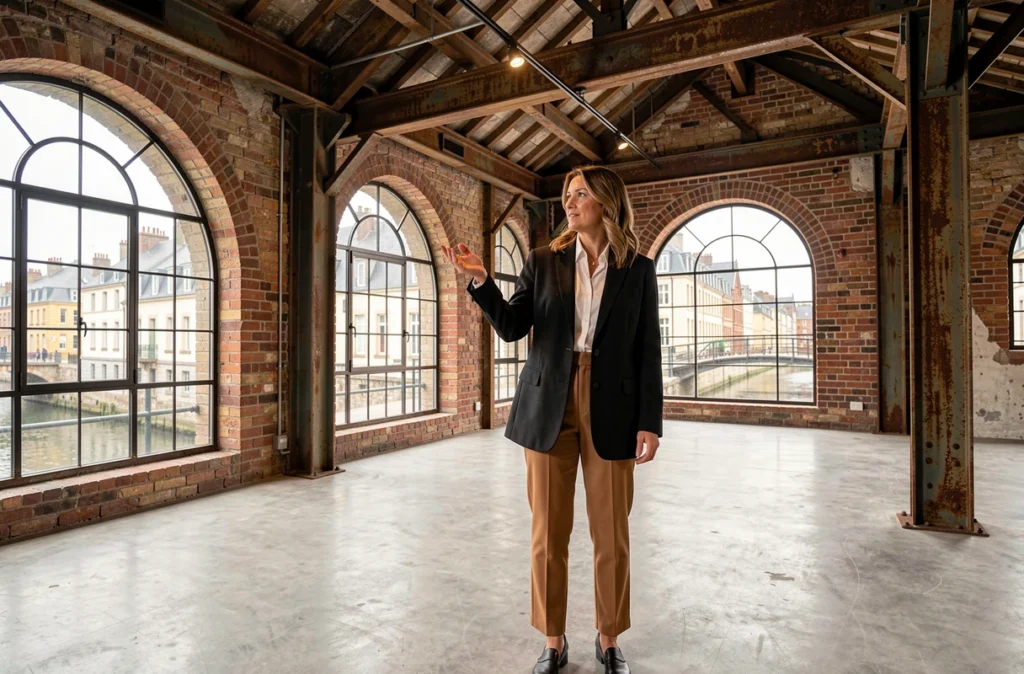 Consultante d'Espaces Atypiques Rouen présentant un loft industriel au caractère architectural unique