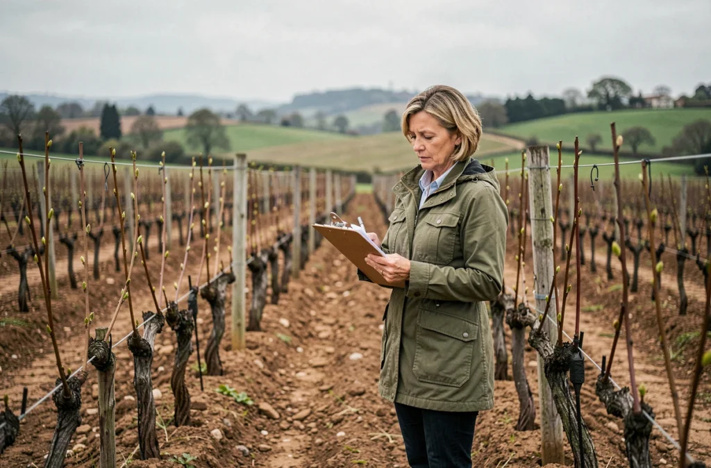 Vigneronne évaluant l'état d'un vignoble bordelais au printemps avant acquisition