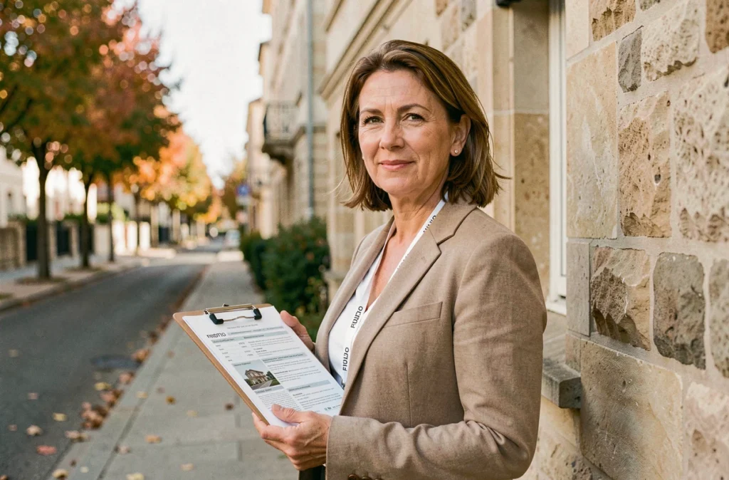Agente immobilière FIDUTIO devant une propriété résidentielle à Saint-Maur-des-Fossés