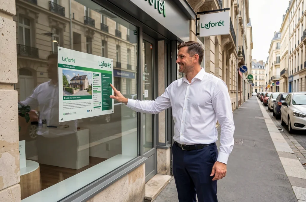 Agent immobilier Laforêt devant la vitrine de l'agence à Vincennes présentant des annonces de biens