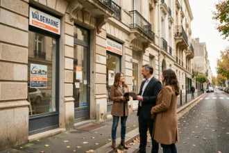 Agent immobilier devant une agence dans une rue du Val-de-Marne avec un couple de clients