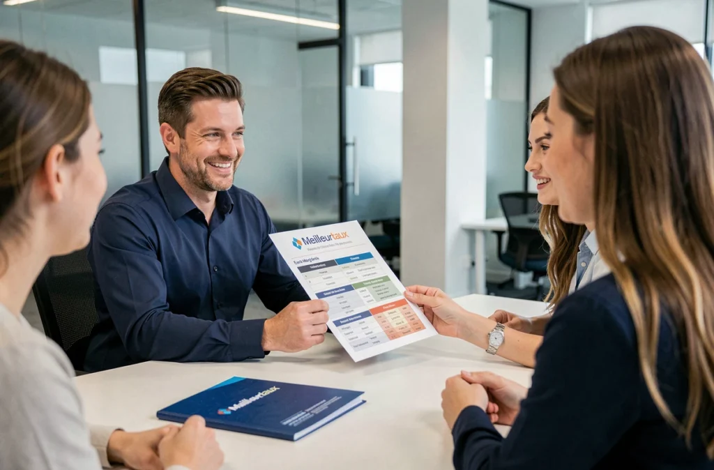 Conseiller Meilleurtaux présentant une comparaison de prêts immobiliers à un couple en agence