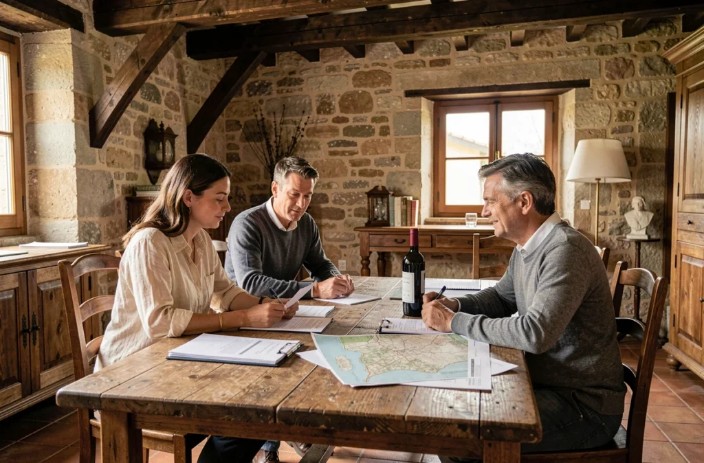 Couple en réunion avec un agent immobilier pour l'achat d'un domaine viticole bordelais