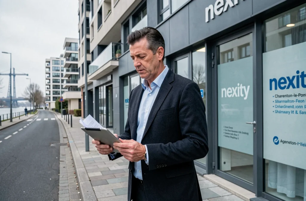 Agent Nexity Conseil et Transaction devant l'agence de Charenton-le-Pont avec des immeubles modernes en arrière-plan