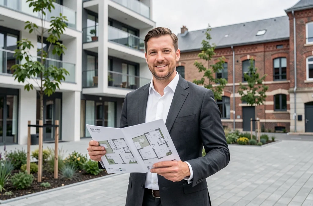 Conseiller Nexity devant un programme immobilier neuf à Rouen illustrant la gestion locative et les constructions neuves