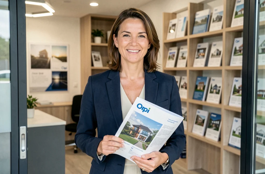 Agente immobilière de l'agence Orpi Mon Agence à Créteil tenant un dossier de vente immobilière