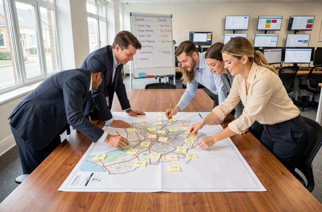 Équipe Orpi Seine-Maritime travaillant sur une carte du département, illustrant le large maillage territorial de l'agence