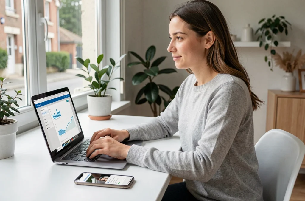 Femme utilisant la plateforme digitale Pretto pour simuler un prêt immobilier depuis chez elle