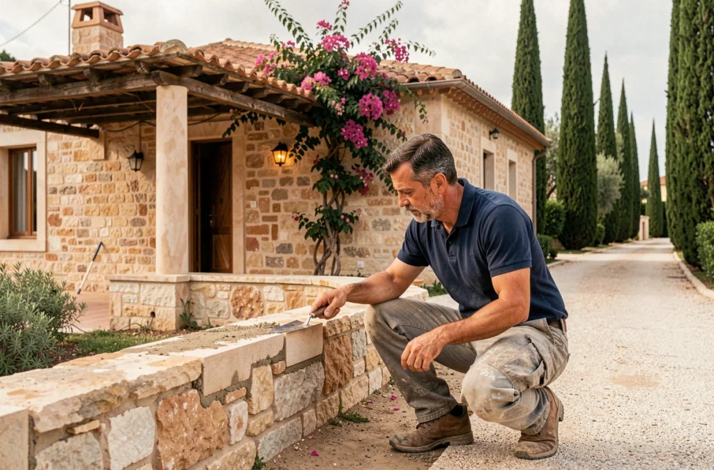 Artisan constructeur inspectant la maçonnerie d'une villa côtière à Sainte-Maxime représentant RS Construction