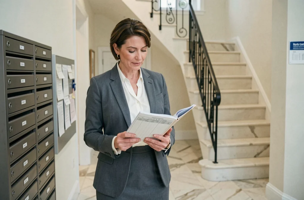 Gestionnaire Sergic Normandie dans le hall d'entrée d'une copropriété normande, illustrant la gestion locative et copropriété