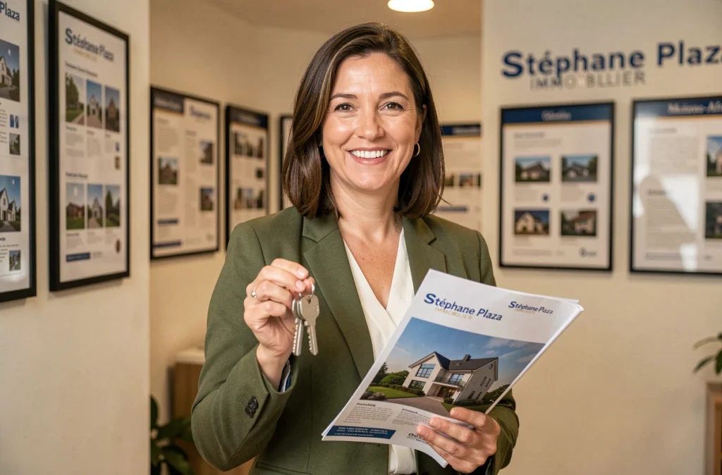 Agente Stéphane Plaza Immobilier à Maisons-Alfort tenant des clés et une brochure de bien immobilier