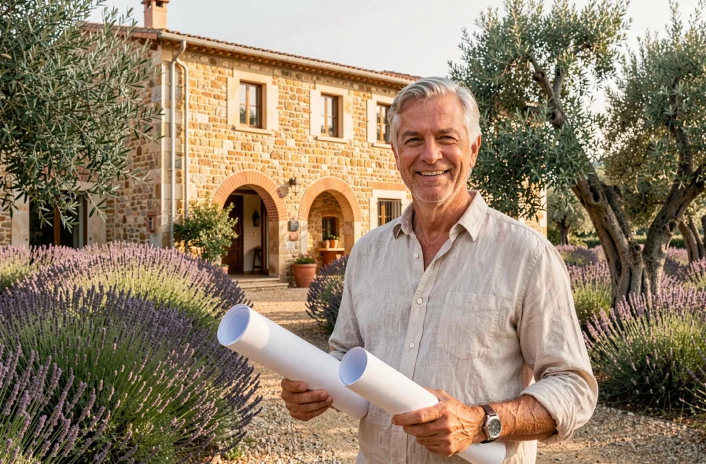 Villa provençale en pierre avec arches traditionnelles, entourée de lavande et d'oliviers, représentant le savoir-faire de Villas Prisme