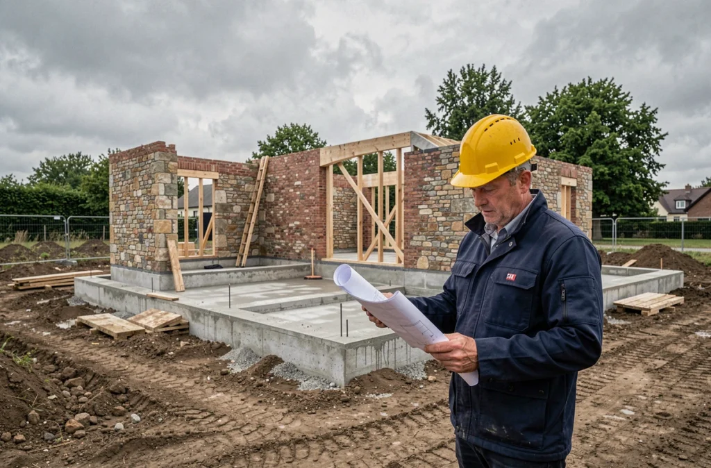 Chef de chantier consultant des plans sur un chantier de construction de maison individuelle en fondation